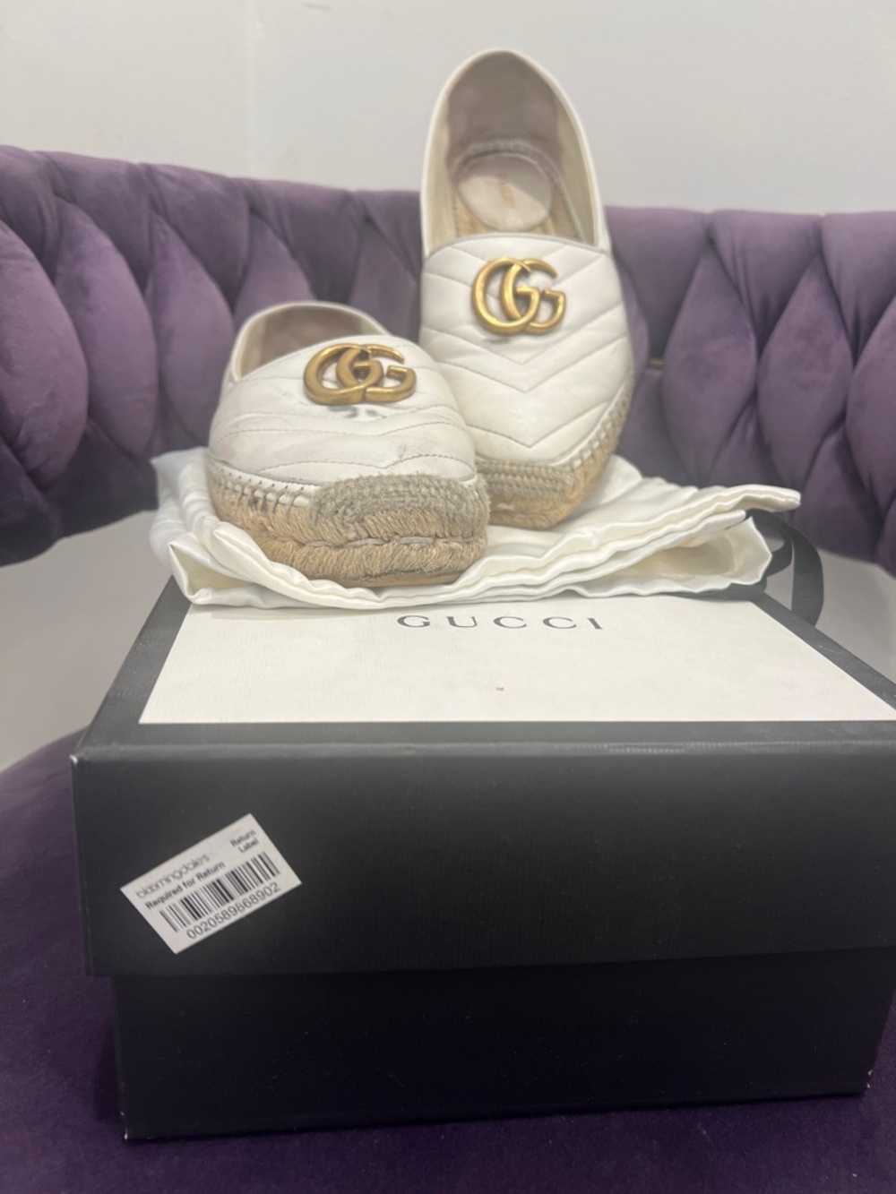 Gucci White Quilted Leather Espadrilles with Gold Double G - Picture 4 of 5